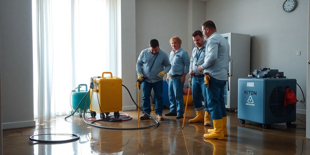 Water damage restoration team at work in a flooded home.