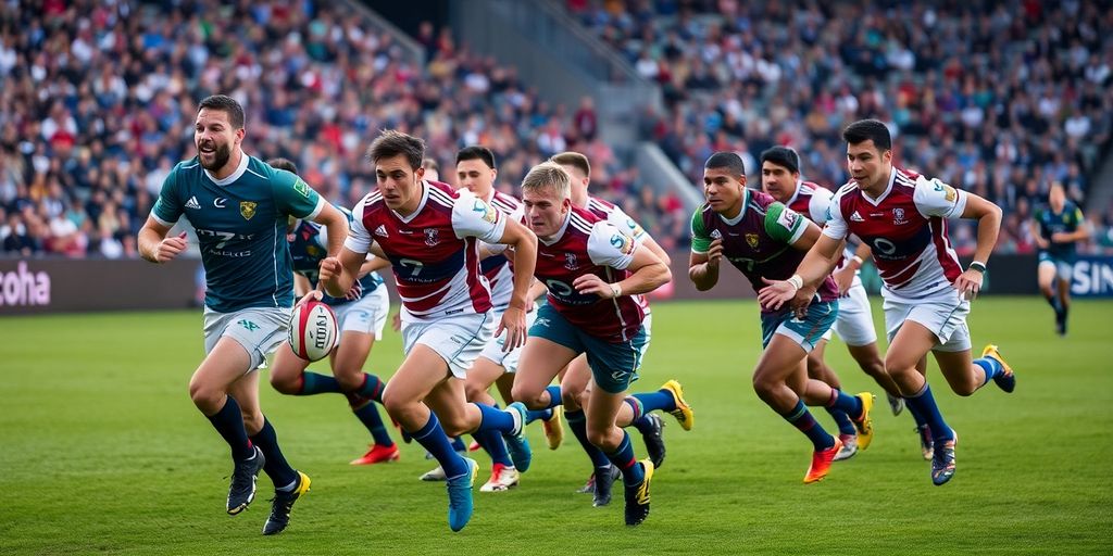 Rugby 7 players competing in an intense match on field.