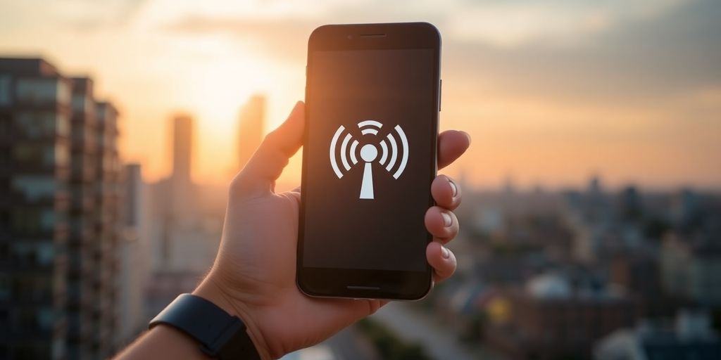 Smartphone avec signal réseau mobile fort et ville au crépuscule.