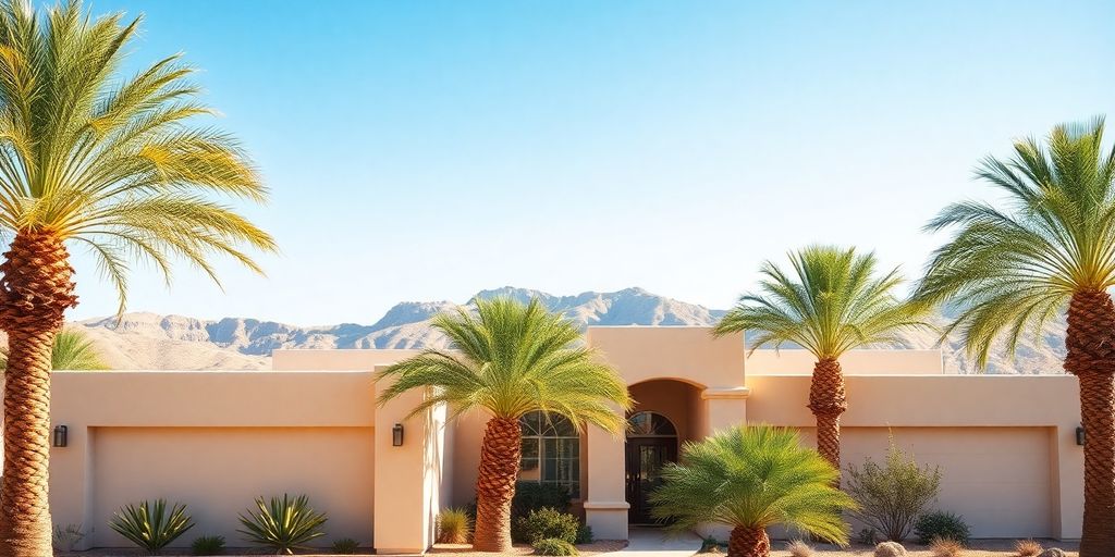 Desert home with palm trees and mountains