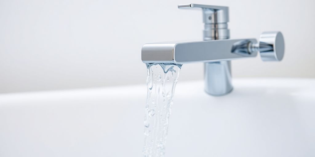 Sleek bathtub tap, water flowing.
