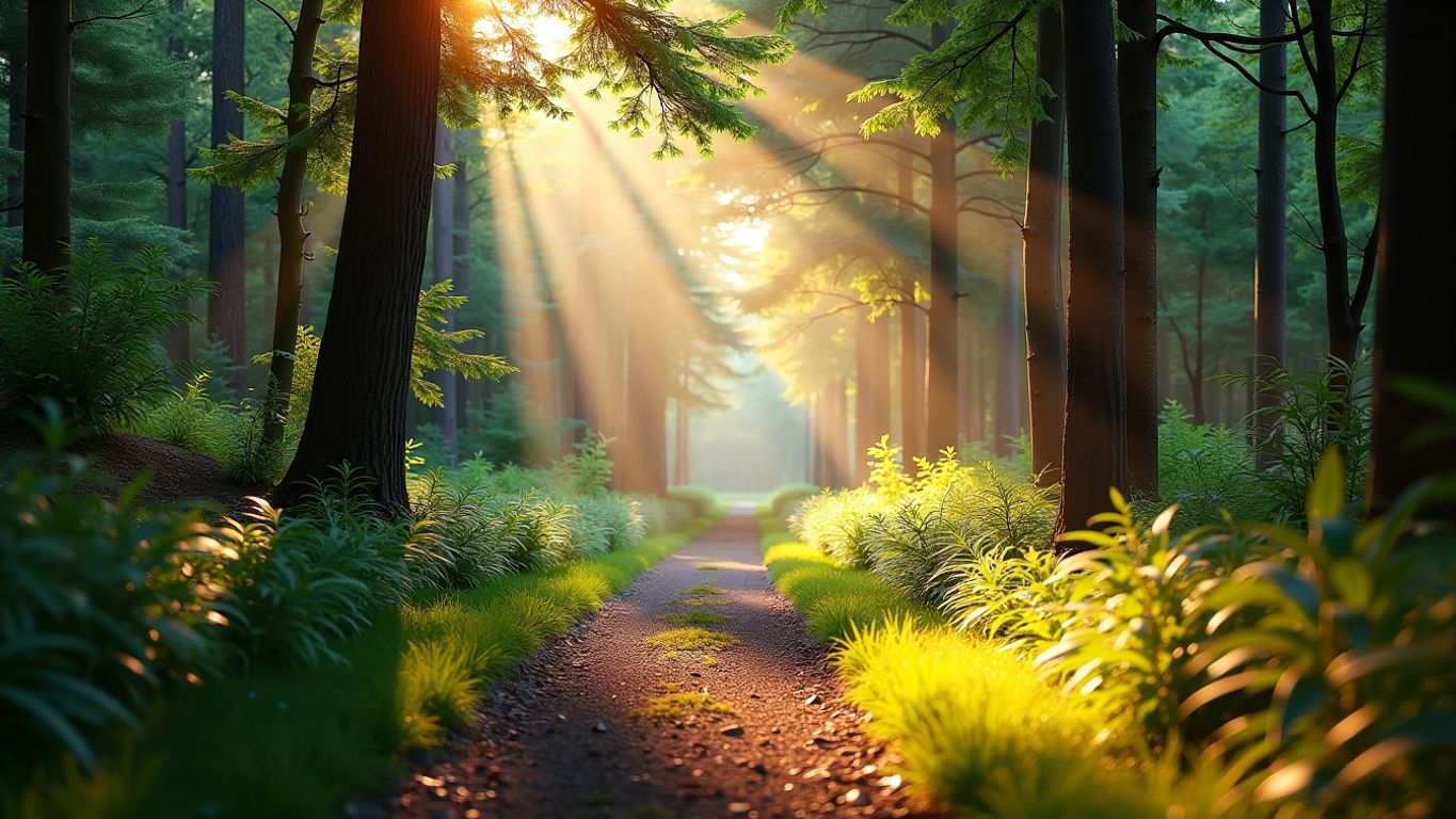 Sunlit forest path with soft light rays