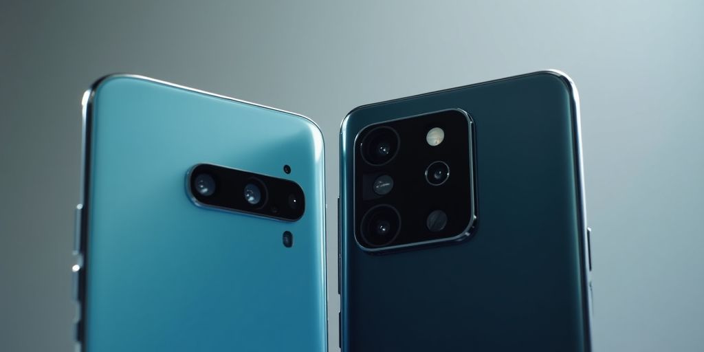 Zwei Smartphones nebeneinander, hochwertig und Mittelklasse.