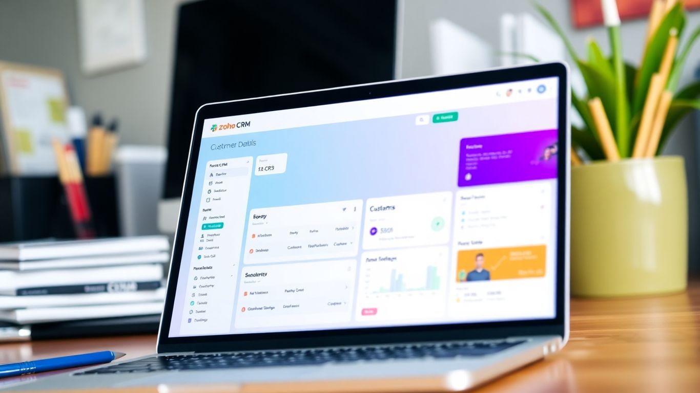 Zoho CRM interface on a laptop screen.