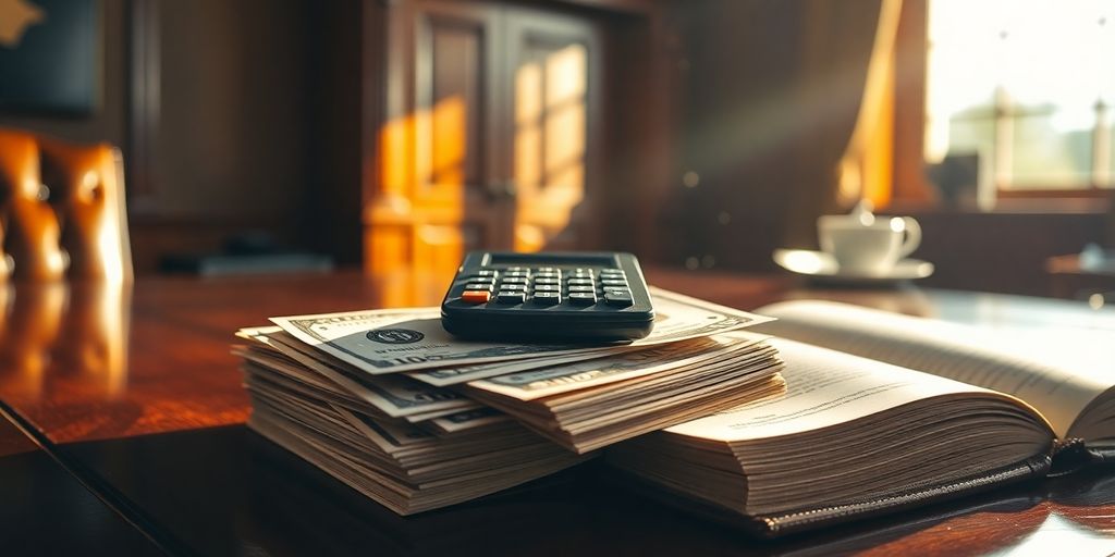 Money stacks, calculator, luxurious office