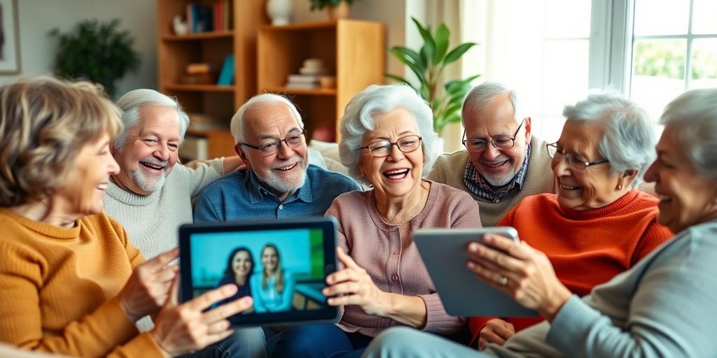 Seniors enjoying video calls on tablets in a cozy setting.