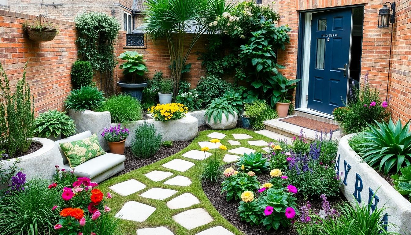 Small London garden with light-coloured landscaping and flowers.