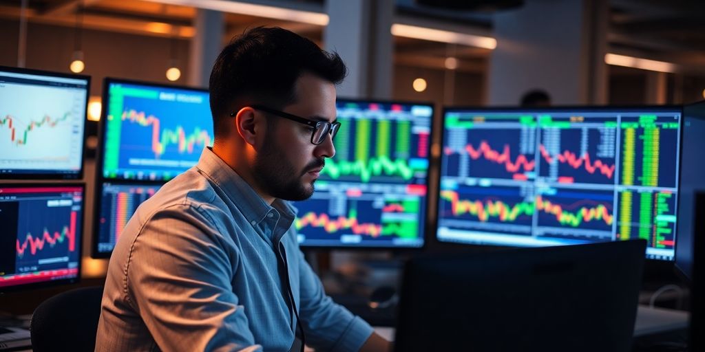Trader analyzing options data in a modern office.