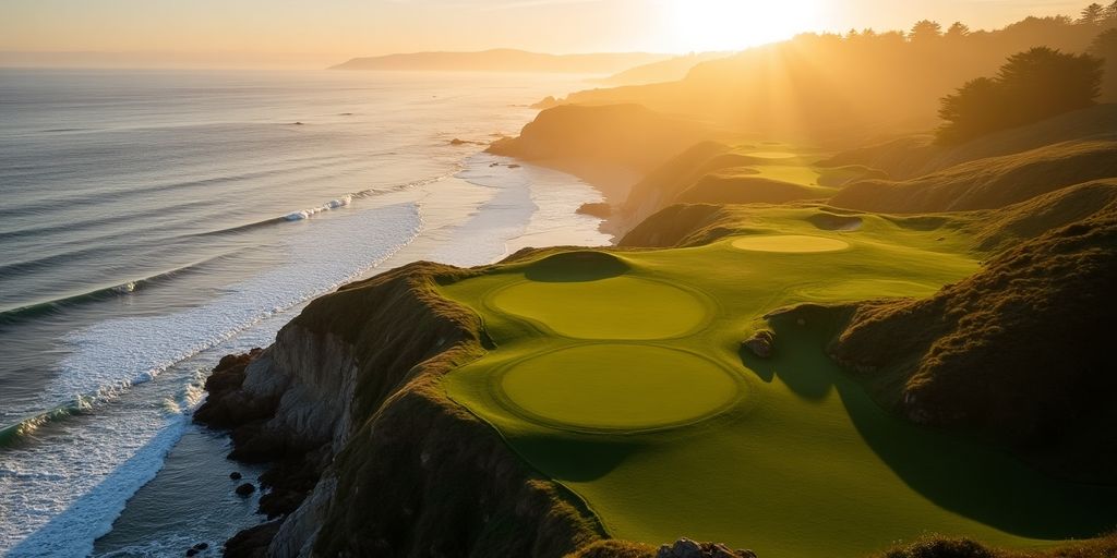 Aerial view of Pebble Beach Golf Links at sunset.