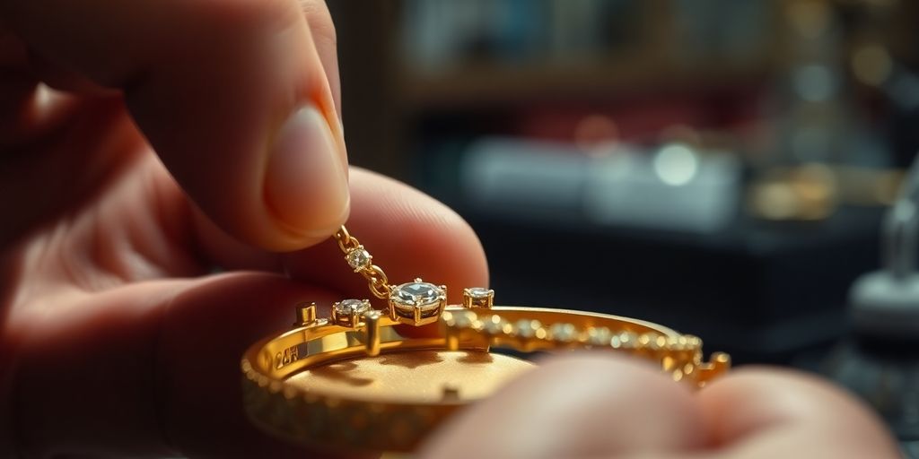 Bijoux en or examinés par un prêteur sur gages.