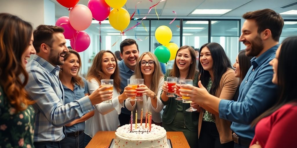 Office celebration with coworkers enjoying cake and laughter.