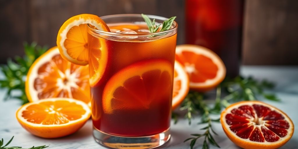 Vaso de picón con naranjas frescas y hierbas.