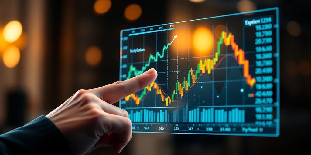 Hands holding virtual stock market interface.