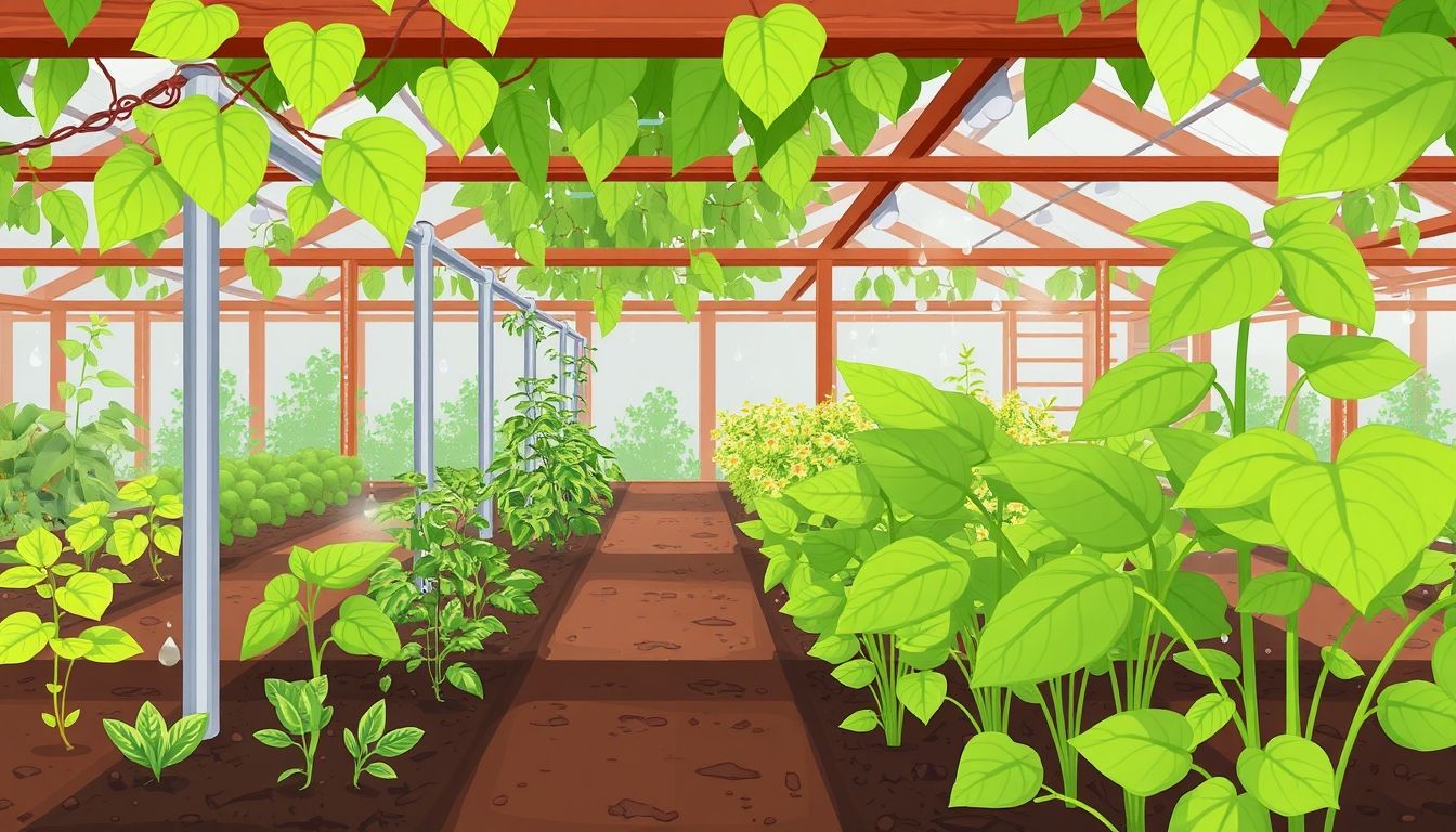 Greenhouse garden with plants and irrigation system.