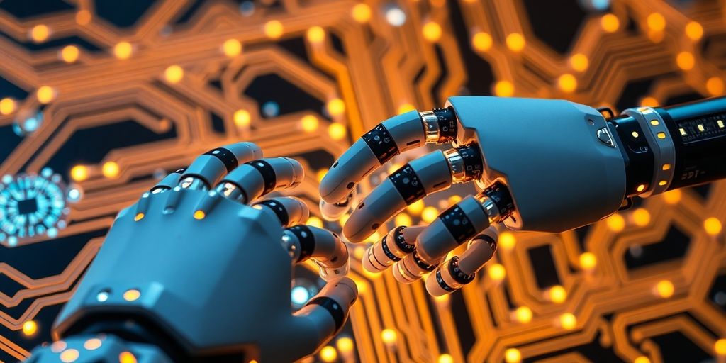 Robotic hands interacting with digital circuits.