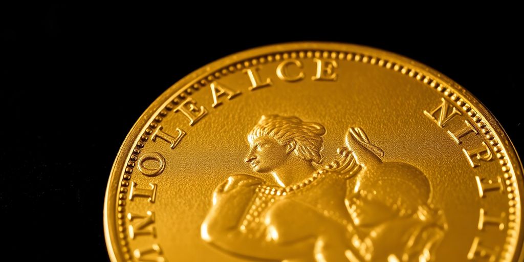 Pièce de Napoléon en or sur fond sombre.