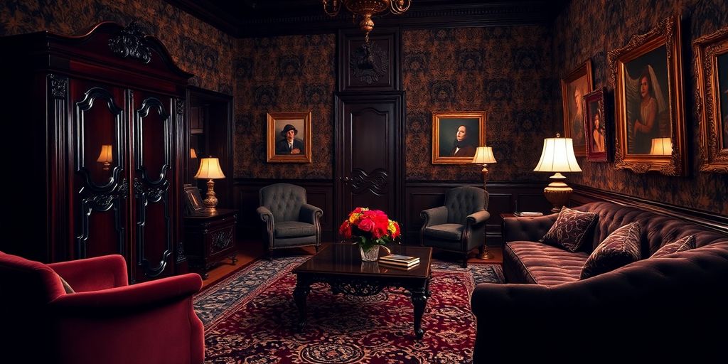 Ornate 1920s living room with dark wood furniture.