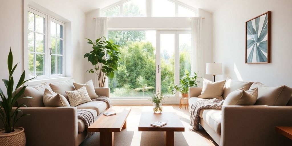 Cozy modern cottage living room with natural light.