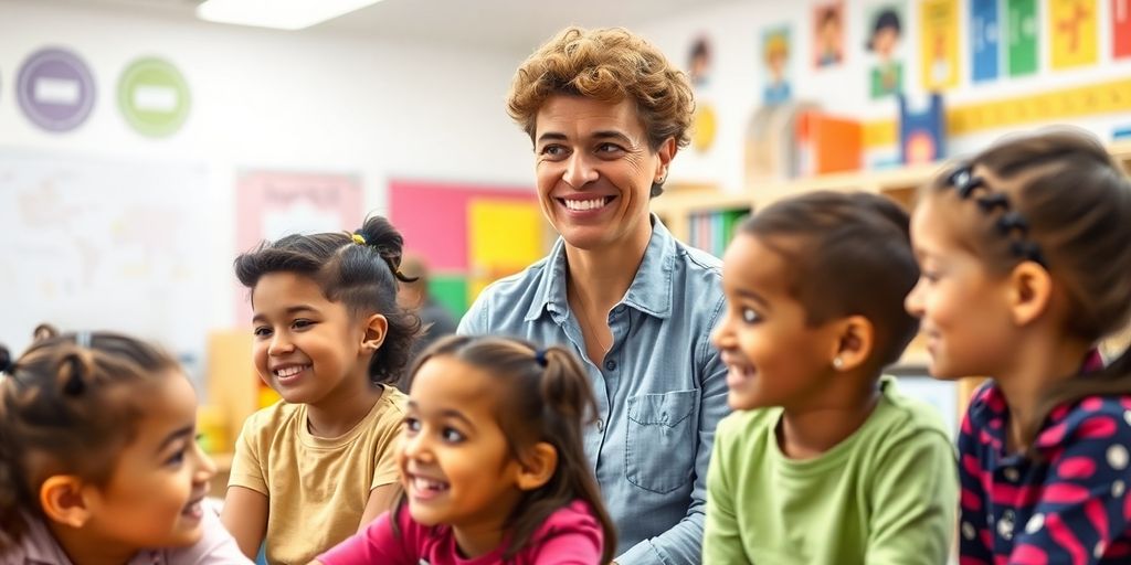Teacher interacting with diverse elementary school children.
