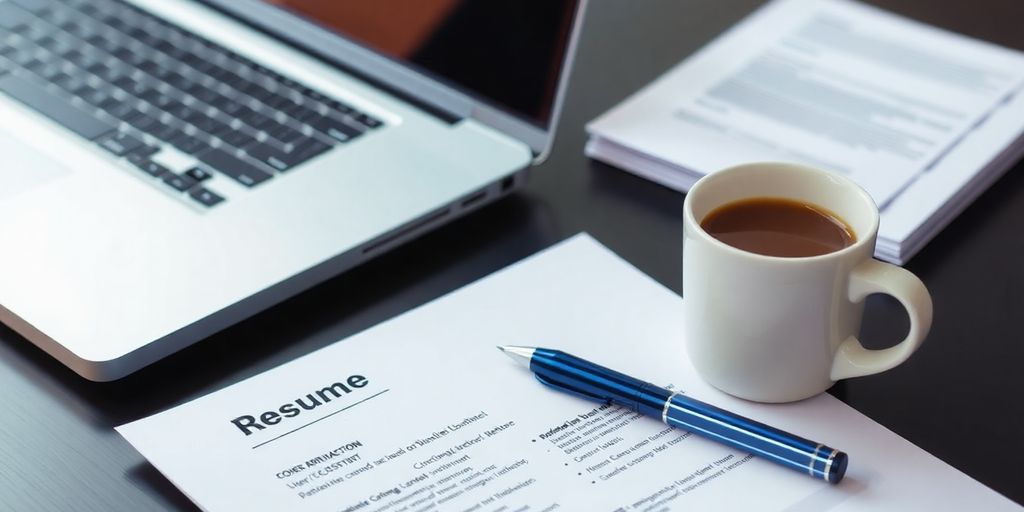 Desk with laptop, resume, and coffee for job applications.