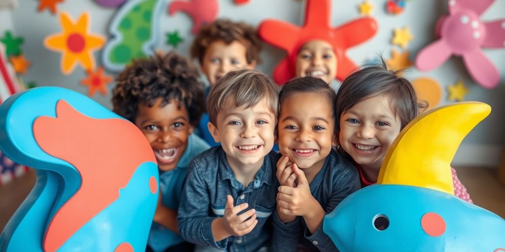 Children enjoying colorful custom art.