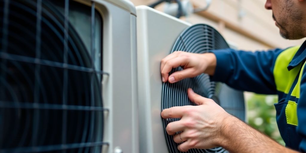 HVAC technician inspecting a residential air conditioning unit.