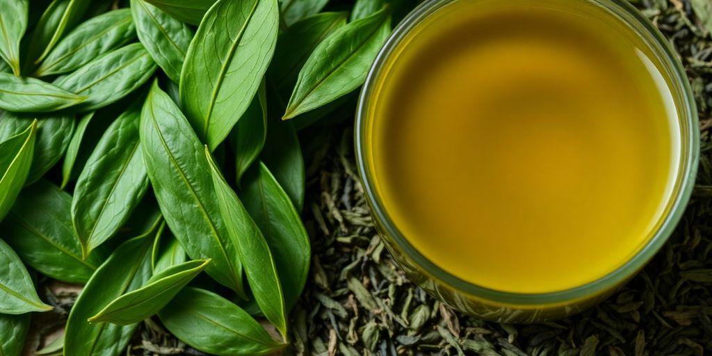 Fresh green tea leaves and a cup of brewed tea.