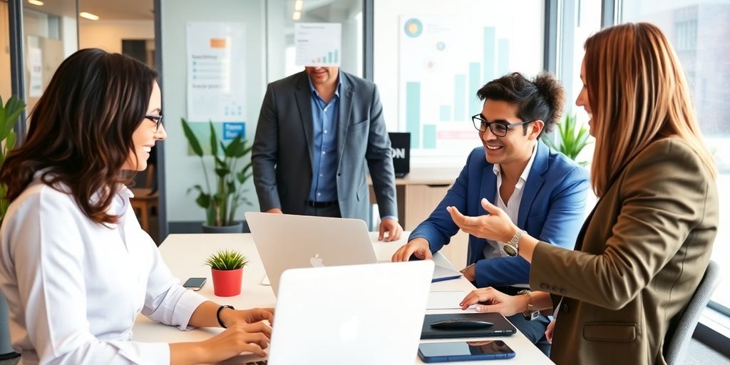 Profissionais de marketing digital colaborando em escritório moderno.