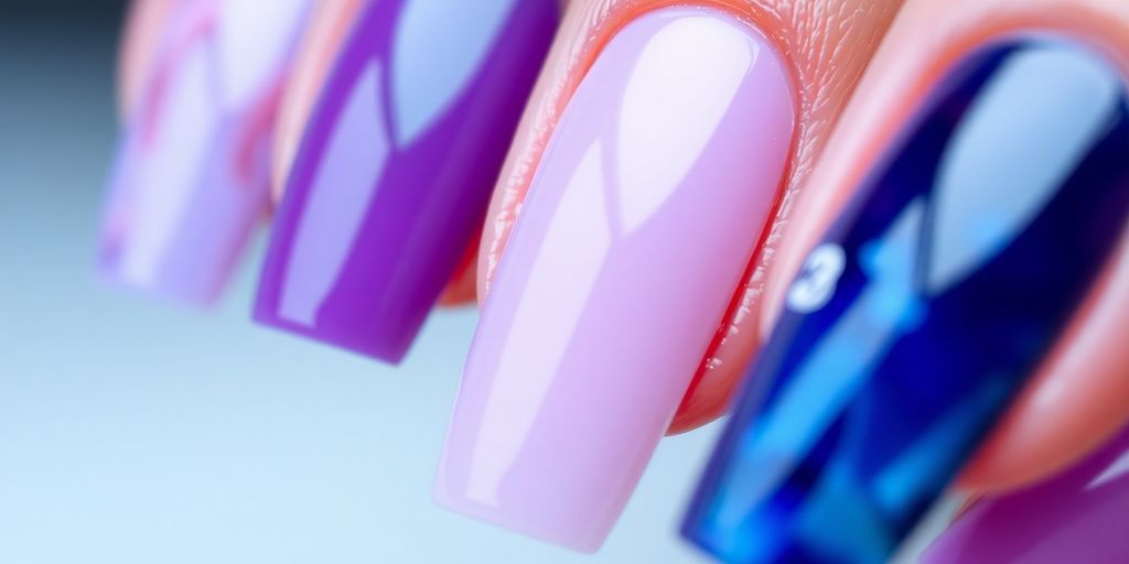 Close-up of colorful gel nails with intricate designs.