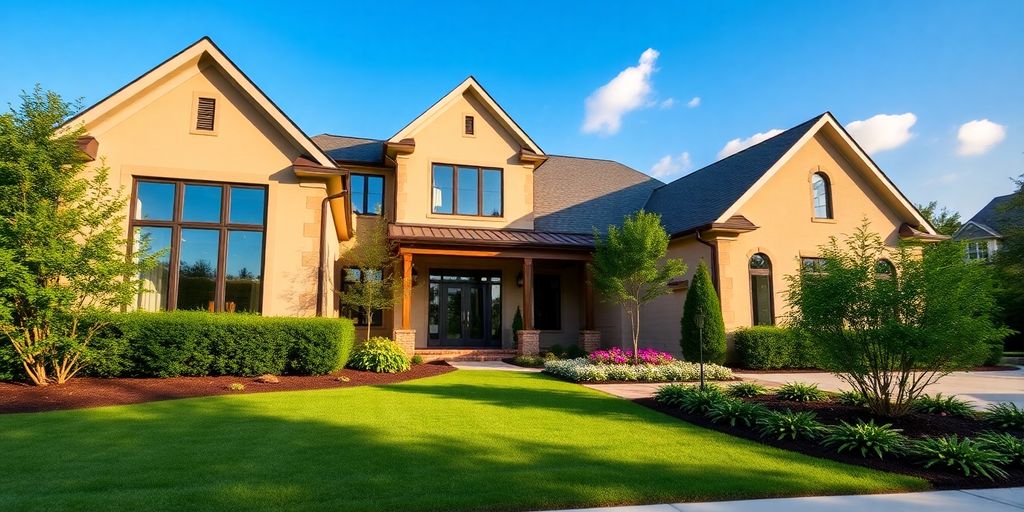 Modern Johns Creek custom home exterior with lush landscaping.