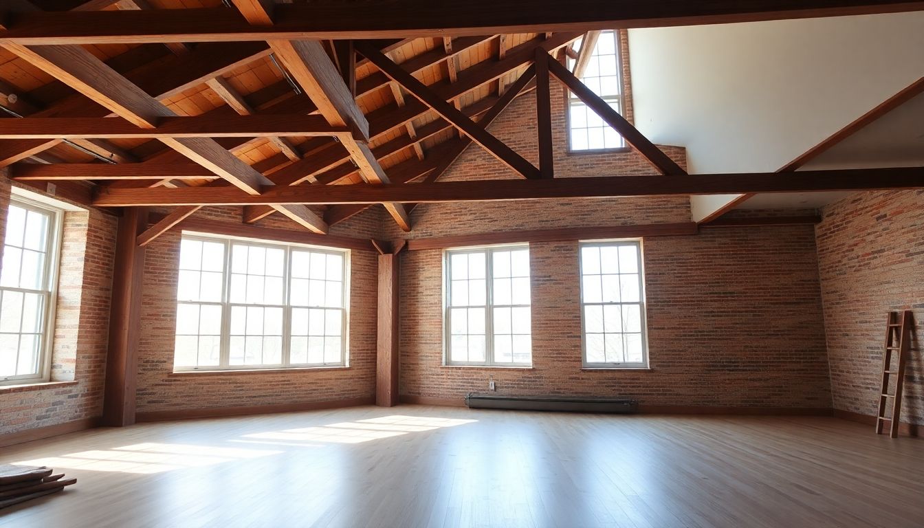 Bright loft with wooden floors and large windows.