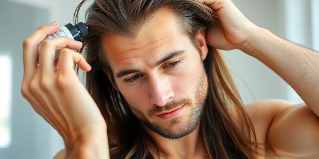 Man with long hair, balding, using hair products.