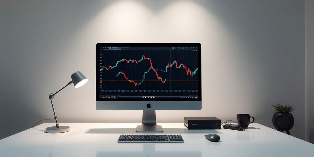 A trading desk with a computer and Donchian Channel indicator.