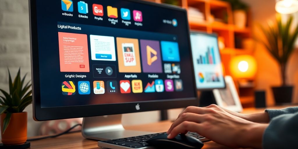 Digital products, online store, computer screen, creative tools.