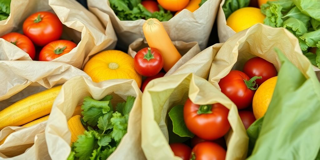 Vibrant fruits and vegetables in eco-friendly packaging.