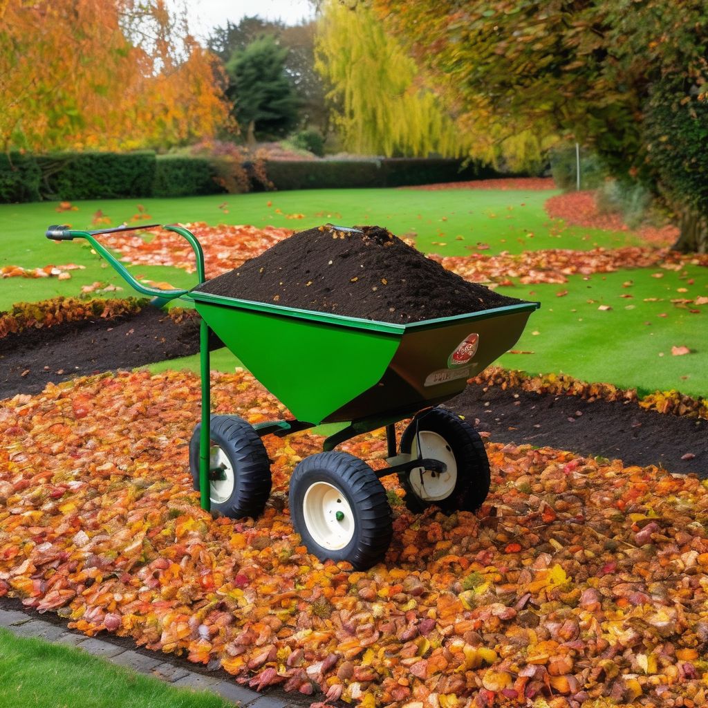 compost top dressing in British garden with autumn leaves