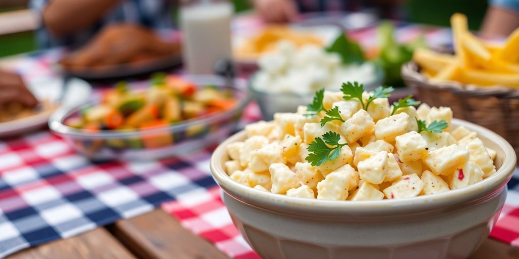A bowl of creamy potato salad with chopped herbs.