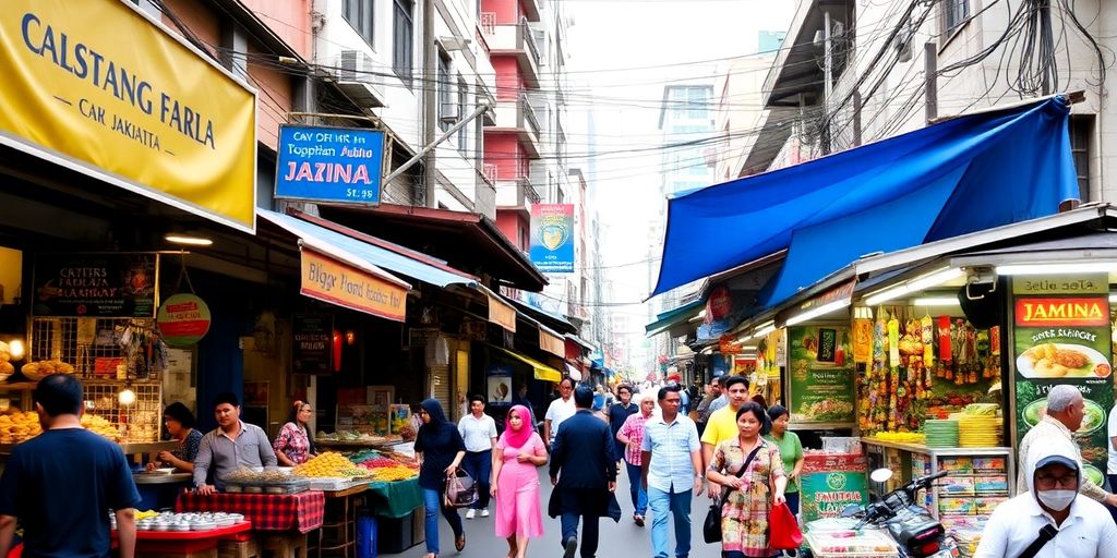 Bustling Jakarta street market scene with local vendors and shoppers.