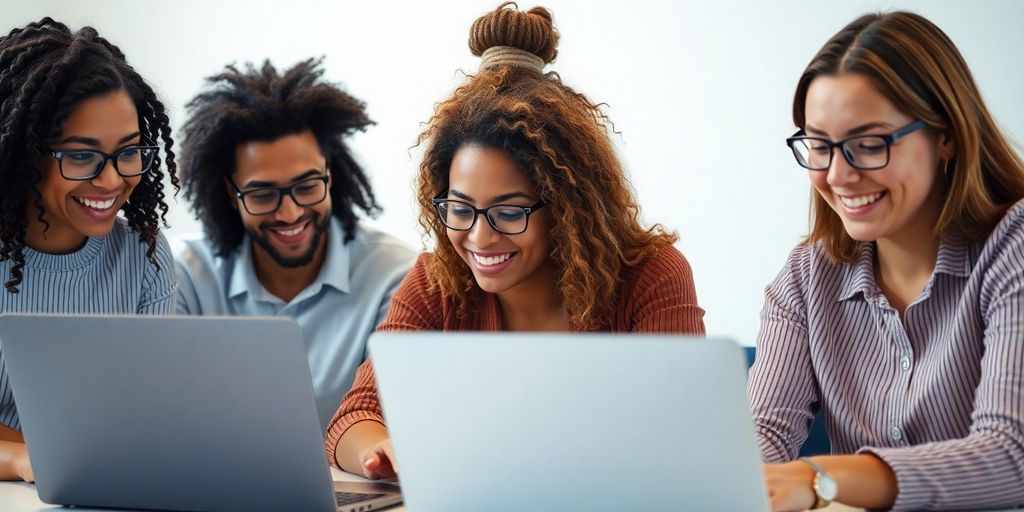 Group of people learning online with laptops.