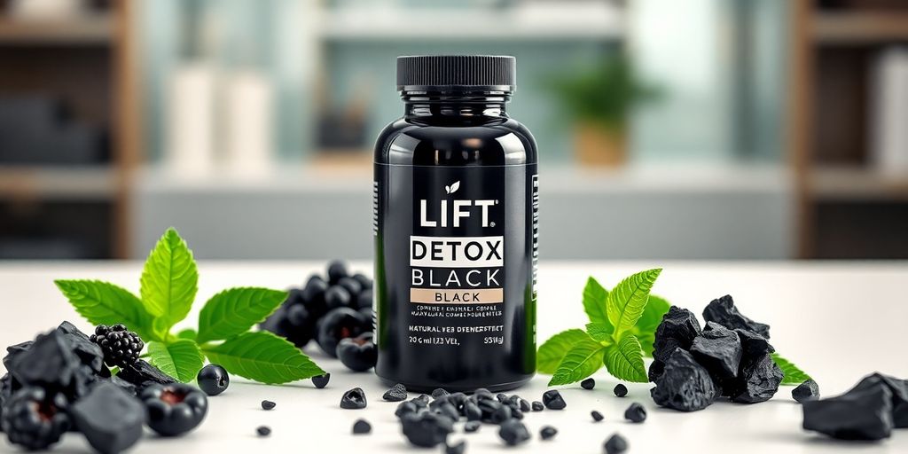 Frasco de Lift Detox Black com ingredientes naturais em ambiente científico.