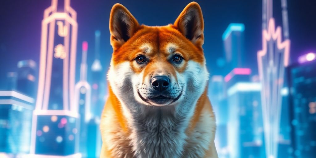 A Shiba Inu dog stands in a futuristic, digital city.