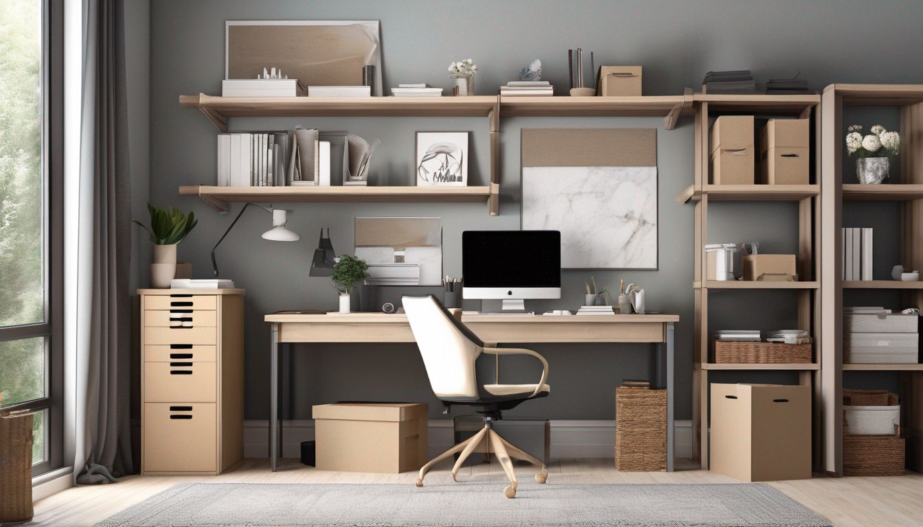 organized home office setup with moving boxes