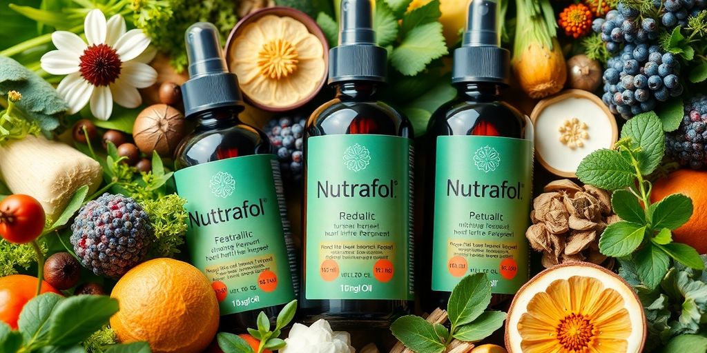 Nutrafol bottles with natural ingredients.