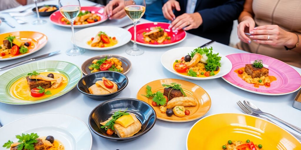 Elegant dinner table with gourmet dishes and fresh ingredients.
