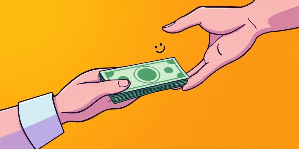 Cartoon hands exchanging money, happy borrower.