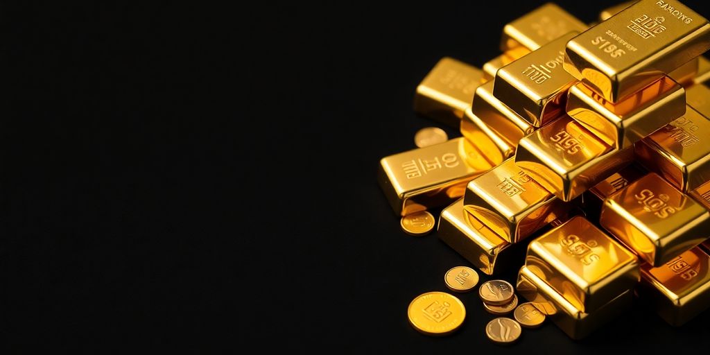 Lingots d'or et pièces d'or sur fond sombre.