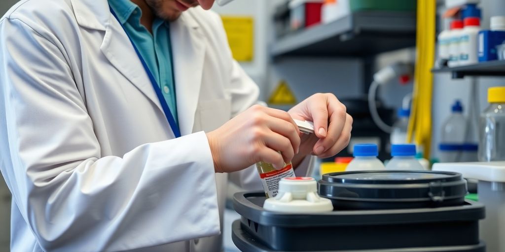 Técnico em química descartando resíduos químicos com segurança.