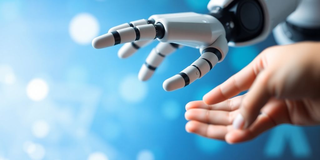 Robot hand reaching for a human hand in collaboration.