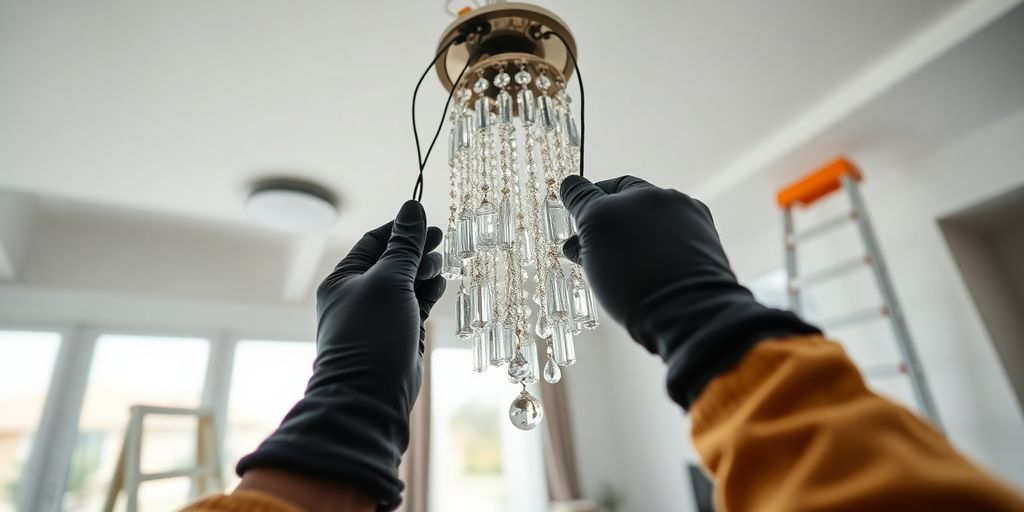Man installing chandelier safely onto ceiling.