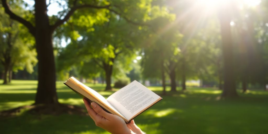 Person reading a book in a green park.